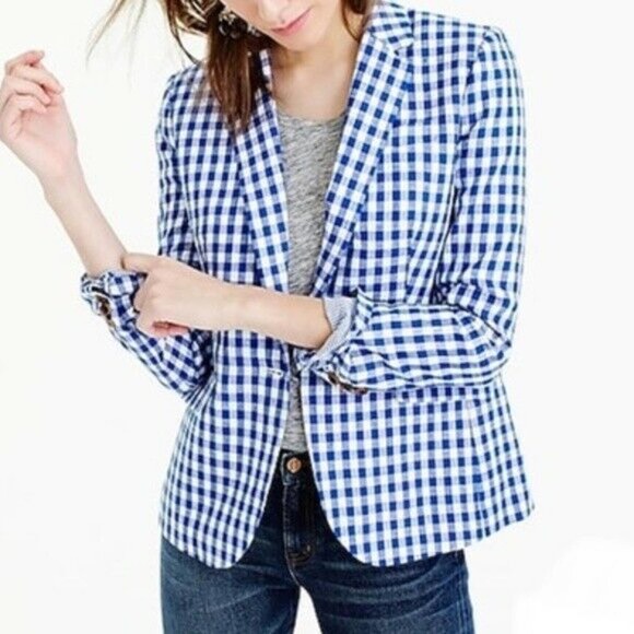 J. Crew Factory Jackets & Blazers - J Crew Factory Blue White Gingham Plaid Linen Blend Schoolboy Blazer Jacket 0P
